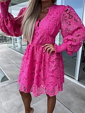 levne Bílé krajkové šaty-Dámské Bílé šaty Mini šaty Krajka s rukávem Dovolená Rande Elegantní A Do V Dlouhý rukáv Černá Bílá Fuchsiová Barva