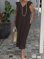 olcso design pamut és len ruhák-Női Fekete Fehér Sárga Nyár Tavasz Maxi hosszú ruha Midi ruha Fehér ruha Pamut vászon ruhák Nyári ruha Modern Alkalmi Napi Hétvége Laza öltözet Sima V-alakú