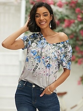 cheap Floral tee-Women&#039;s T Shirt Basic Floral Print Short Sleeve Regular Tops V Neck Holiday Weekend Pink Blue Green