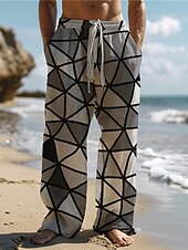 billiga Casual byxor med tryck för män-Herr Hawaiisk Färgblock Pläd / Rutig Blandad färg Byxor 3D-tryck Byxor med raka ben Medium Midja Dragsko Elastisk midja Utomhus Gata Helgdag Sommar Vår Höst Slapp form Microelastisk