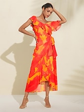 abordables Robe de cocktail-Robe mi-longue à basque pour femmes, tenue d&#039;invité de mariage, violet, orange, manches courtes, volants fleuris, cravate sur le devant, printemps &amp;amp; été asymétrique romantique s m l