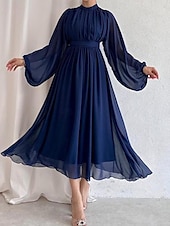 olcso Fehér alkalmi ruhák-Női Fehér ruha Hosszú ruha Maxi ruha Sifon Fodrozott Randi Elegáns Utcai sikk Állógallér Hosszú ujj Fekete Fehér Arcpír rózsaszín Szín
