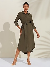 economico vestito casual-Abito camicia midi casual con bottoni in raso e allacciatura