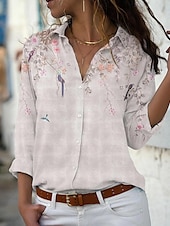 billige Kvinne Grafiske Topper-dameskjorte bluse mote blomsterknapper med lange ermer vanlige topper skjortekrage uformell ferie rosa blå grønn vår &amp;amp;  falle
