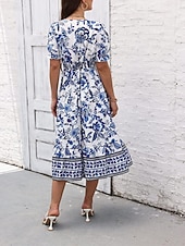preiswerte Elegante Blumenkleider-Damen Midikleid Casual kleid Schaukelkleid A Linie Kleid Sommerkleid Strassenmode A-Linie Urlaub Strasse Festtage Regular Fit Blumen Kurzarm V Ausschnitt Schwarz Rote Blau Grün Sommer