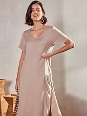 levne Šaty-Dámské Světlá růžová Nebeská modř Khaki Léto Maxi dlouhé šaty Maxi šaty Bavlněné lněné šaty Volnočasové šaty Jednobarevné Denní Volný Tričkový
