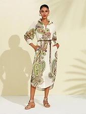 שמלת חולצת מידי בחגורת פייזלי בוהו זול הדפס שמלת קז'ואל-שמלת חולצת מידי בחגורת פייזלי בוהו