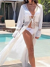 billiga Vita spetsklänningar-Dam Långklänning Maxiklänning Vit klänning Sommarklänning Boho-klänning Cover Up Streetwear Maxi Semester Helgdag Strand Lös passning Långärmad V-hals Vit Sommar