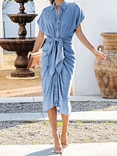 abordables Robes de travail-Robe chemise Femme Robe mi-longue Bureau Rendez-vous Jean Classique Col de Chemise Lacet Bouton Manche Courte Eté Printemps Mince Bleu Plein S M L XL