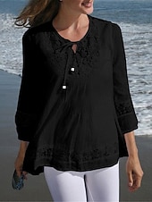 cheap Shirts-Women&#039;s Shirt Lace Shirt Blouse Eyelet top Plain Basic Modern 3/4 Length Sleeve Crew Neck Regular Tops Casual Lace Patchwork Black White Wine Navy Blue Summer Spring