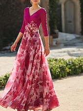 cheap Floor Length-Beach Wedding A-Line Mother of the Bride Dress Formal Wedding Guest Elegant V Neck Floor Length Chiffon 3/4 Length Sleeve with Flower Wedding Guest Dress 2025 free custom size