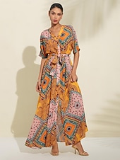 フォークプリント Vネックマキシドレス お買い得  プリントカジュアルドレス-フォークプリント Vネックマキシドレス