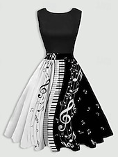 cheap Cocktail Dress-Women&#039;s Retro 1950s Vintage Tea Dresses Midi Dress Daily Holiday Ruched Print Note Crew Neck Sleeveless Slim Summer Spring 2023 Black Wine S M L XL