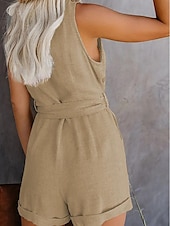 abordables grenouillère-combinaison femme sans manches col en V boutonné devant noué à la taille couleur unie lin style décontracté élégant été printemps tenue une pièce