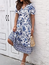 preiswerte Elegante Blumenkleider-Damen Midikleid Casual kleid Schaukelkleid A Linie Kleid Sommerkleid Strassenmode A-Linie Urlaub Strasse Festtage Regular Fit Blumen Kurzarm V Ausschnitt Schwarz Rote Blau Grün Sommer