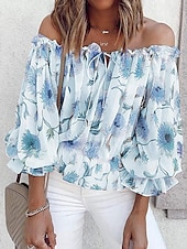 cheap Sexy Tops-Women&#039;s Shirt Blouse Floral Fashion Long Sleeve Cold Shoulder Off Shoulder Regular Tops Casual Holiday Lace up Buttons Print White Pink Blue Beige Summer