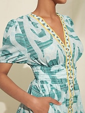 abordables Robes de vacances-robe mi-longue à manches bouffantes et col V