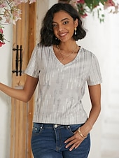 baratos Camiseta lisa-Mulheres Camiseta Listrado Básico Clássico Estampado Manga Curta Decote V Tops regulares Casual Feriado Final de semana Imprimir Branco Cinzento Verão Primavera