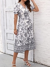 preiswerte Elegante Blumenkleider-Damen Midikleid Casual kleid Schaukelkleid A Linie Kleid Sommerkleid Strassenmode A-Linie Urlaub Strasse Festtage Regular Fit Blumen Kurzarm V Ausschnitt Schwarz Rote Blau Grün Sommer