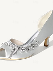 cheap Bridesmaid-Women's Wedding Shoes Bling Bling Sparkling Shoes Bridal Shoes Rhinestone Kitten Heel Peep Toe Elegant Satin Loafer Silver White Ivory