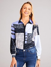 preiswerte Damen Streifen- und geometrische Oberteile-Damenhemd Langarm Knopfbluse Modisch Farbblock Druck Reguläre Tops Hemd Kragen Lässig Gelb Pink Blau Frühling  Herbst