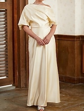 preiswerte GRÜN-Etui Kleid Mutter der Braut Hochzeitsgast Formelles Abendkleid Elegante Party Schulterfrei Zug-Länge Satin Halbelängliche Ärmel mit Raffung.