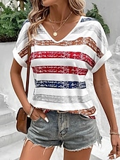ieftine Tricou cu dungi și geometric-Tricou pentru femei T-Shirt patriotic guler în V dungi roșu alb albastru uzat cu mânecă scurtă casual de vară confortabil potrivire relaxată îmbrăcăminte de zi dimensiuni disponibile