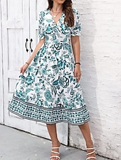 preiswerte Elegante Blumenkleider-Damen Midikleid Casual kleid Schaukelkleid A Linie Kleid Sommerkleid Strassenmode A-Linie Urlaub Strasse Festtage Regular Fit Blumen Kurzarm V Ausschnitt Schwarz Rote Blau Grün Sommer