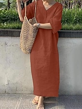 abordables concevoir des robes en coton et lin-Femmes bleu marine Orange Vert Été Printemps Robe maxi Robes inspirées du lin Robe Décontractée Basique Moderne Quotidien Week-end Coupe Ample Uni Col en V