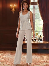 abordables Costumes-pantalons pour maman-Jumpsuit de mariage plage  costume 3 pièces mère de la mariée invitée de mariage formelle élégante luxueuse décolleté en V longueur sol chiffon dentelle sans manches wrap inclus avec perles paillettes