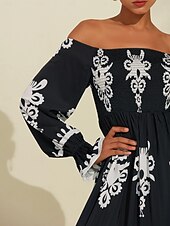 baratos vestido casual estampado-vestido midi com estampa geométrica ombro a ombro