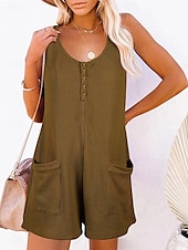billiga Rompers-Dam Vanligt Jumpsuits Streetwear Ensfärgat Ärmlös V-hals Knappar Ficka Gata Dagligen Normal Svart Rodnande Rosa Vin Sommar