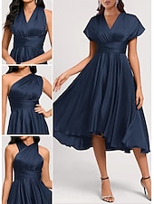 abordables Robes pour invitées de mariage-Robe de mariée invitée A-Line élégante robe formelle longueur thé d&#039;été sans manches bretelle unique satin avec fronces 2025
