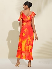 abordables Robe de cocktail-Robe mi-longue à basque pour femmes, tenue d&#039;invité de mariage, violet, orange, manches courtes, volants fleuris, cravate sur le devant, printemps &amp;amp; été asymétrique romantique s m l
