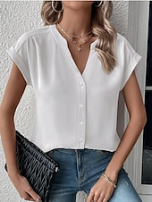 preiswerte Damen Einfache Oberteile-Damenhemd V-Ausschnitt Button-Down Bluse Mode Streetwear Knopf Druck Kurzarm Reguläre Tops Geteilter Hals Lässig Weiß Sommer