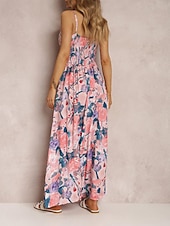 preiswerte Kleider für die Ferien-Damen Freizeitkleid Unterkleid Blumen rückenfrei Print Träger langes Kleid Maxikleid Hawaii Urlaub Strand ärmellos Sommer