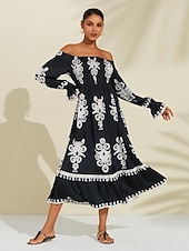 baratos vestido casual estampado-vestido midi com estampa geométrica ombro a ombro