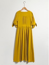 cheap Casual Dress-Women&#039;s Linen Blend Yellow Bow Detail Midi Tea Dress