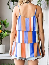 abordables Débardeurs et camisoles femme-Débardeur Femme à Bretelles Débardeur Mode Streetwear Moderne Rayé Volant Imprimé Superposé Sans Manches Tops Réguliers Col V Décontracté Plage Jaune Violet Fuchsia Orange Vert Été
