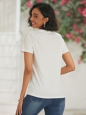 abordables T-shirt Art &amp; Design-t-shirt femme basique imprimé manches courtes hauts réguliers col en V décontracté week-end blanc bleu
