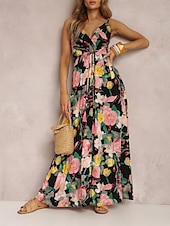 preiswerte Kleider für die Ferien-Damen Freizeitkleid Unterkleid Blumen rückenfrei Print Träger langes Kleid Maxikleid Hawaii Urlaub Strand ärmellos Sommer