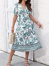preiswerte Elegante Blumenkleider-Damen Midikleid Casual kleid Schaukelkleid A Linie Kleid Sommerkleid Strassenmode A-Linie Urlaub Strasse Festtage Regular Fit Blumen Kurzarm V Ausschnitt Schwarz Rote Blau Grün Sommer
