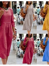 abordables Robes-Femmes Jaune Rose Claire Rouge Été Printemps Robe Midi Robes inspirées du lin Robe Décontractée Basique Moderne Quotidien Week-end Coupe régulière Uni Col en V