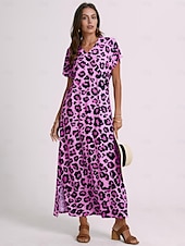 levne Šaty umění a designu-Dámské maxi šaty sundress shift šaty letní šaty streetwear sexy spadlý rukáv dovolená párty prázdniny regular fit leopardí krátký rukáv V výstřih růžové modré khaki léto jaro