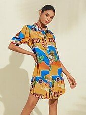 baratos Vestidos de Férias-Vestido curto de cetim com estampa gráfica de mapa costeiro