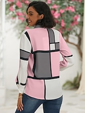 economico Top a Righe e Geometrici per Donne-Camicia Donna Moda Flanella Stampa Bottoni Maniche Lunghe Top Regolari Collo Camicia Casual Rosa Viola Primavera  Autunno