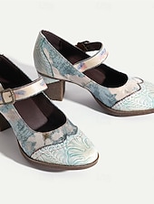 preiswerte 1930er Jahre-Damen Absätze Pumpen Handgefertigte Schuhe Vintage-Schuhe Hochzeit Party Farbblock Konischer Absatz Runde Zehe Elegant Vintage Leder Schnalle Hellblau