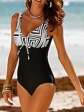 billiga One-piece-baddräkter-Dam Vanligt Badkläder En bit Monokini Baddräkter Baddräkt Blygsamma badkläder Magkontroll Rand Semester Standkläder Färgblock Randig Axelband Ärmlös Baddräkter