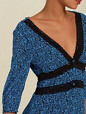 abordables robe décontractée imprimée-Femmes Robe trapèze Robe Fleurie Robe Imprimée Robe Midi Bleu Manches mi-longues Fleurs / Plantes Style Floral Imprimé Longue Printemps &amp; Été Col en V Façade en V Doux Date S M L