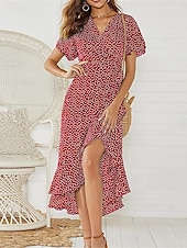 abordables Robes fleuries élégantes-robe décontractée pour femme robe portefeuille à pois à lacets à volants col en V robe longue robe maxi vacances manches courtes été